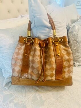MCM Tan Diamond-Check Drawstring Bucket Bag